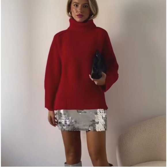 Zara Knit EUc Oversized Turtleneck Mock Neck Sweater Size S Red Bloggers Fav - Picture 1 of 9